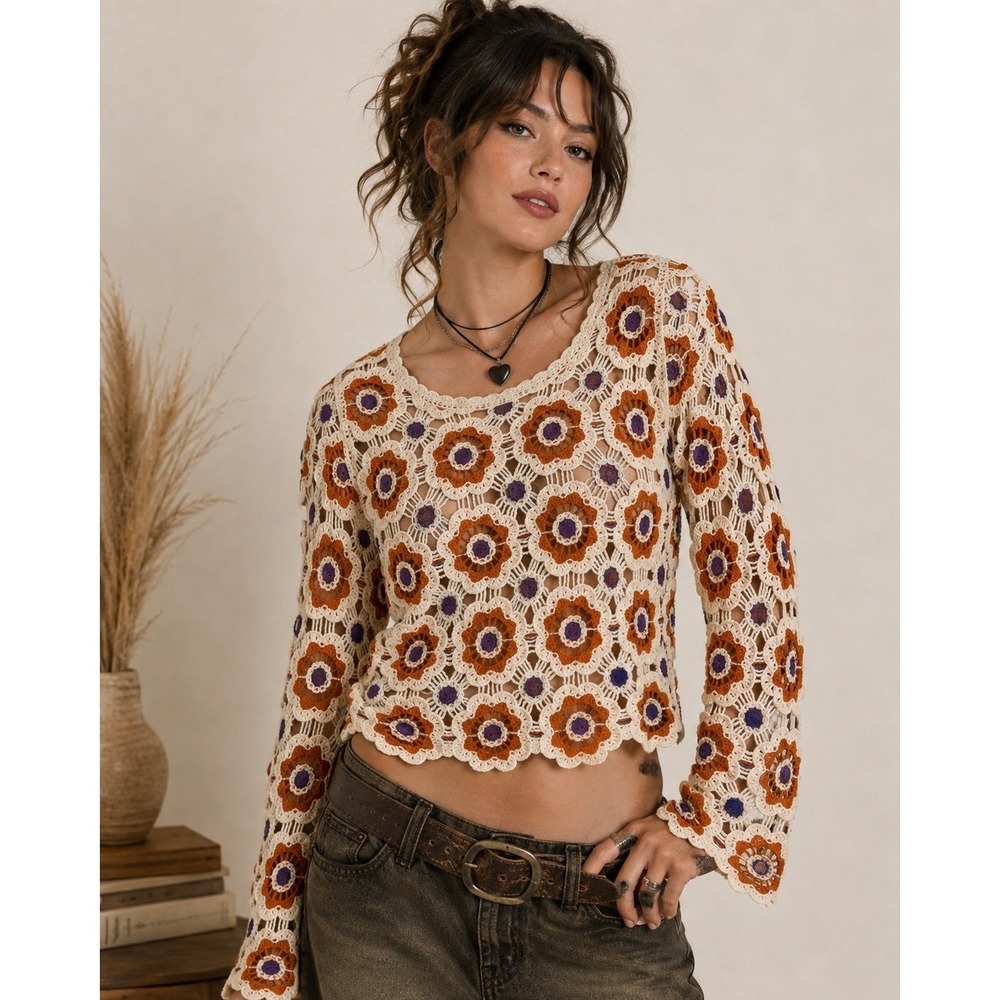 Rebellion Again Sweater Womens Medium Boho Crochet Floral Orange Purple White